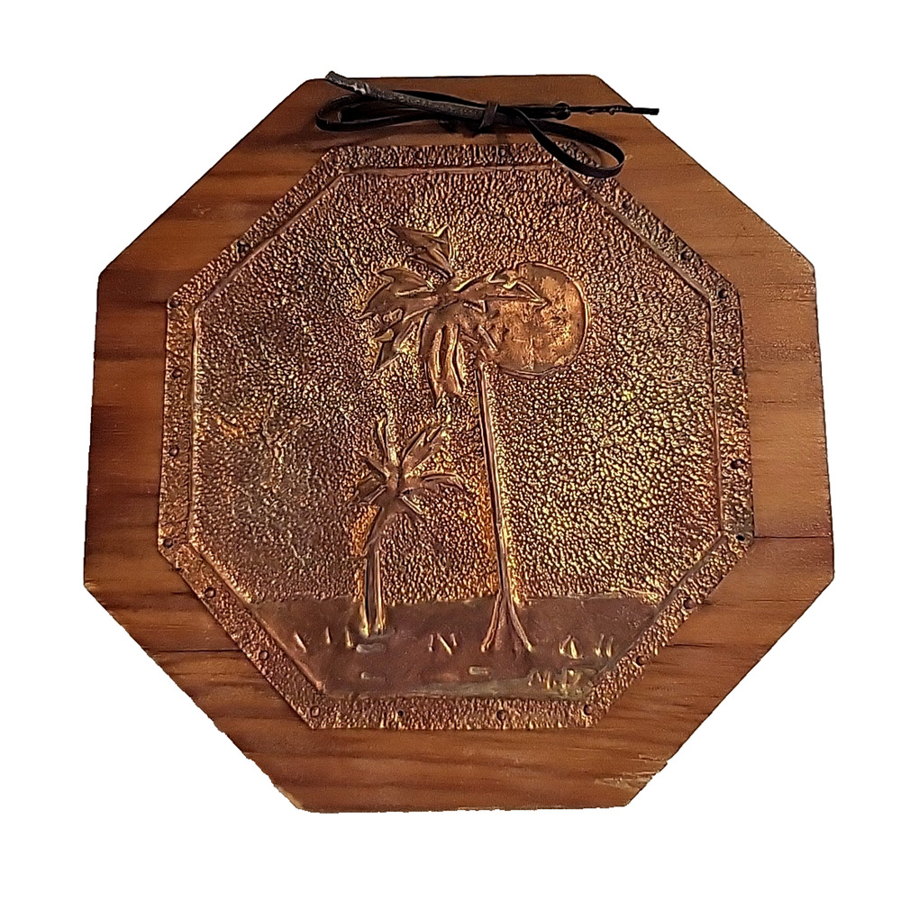 VTG Octagon Hammered Copper Art Wall Hanging Plaque Tropical Repousse Embossed